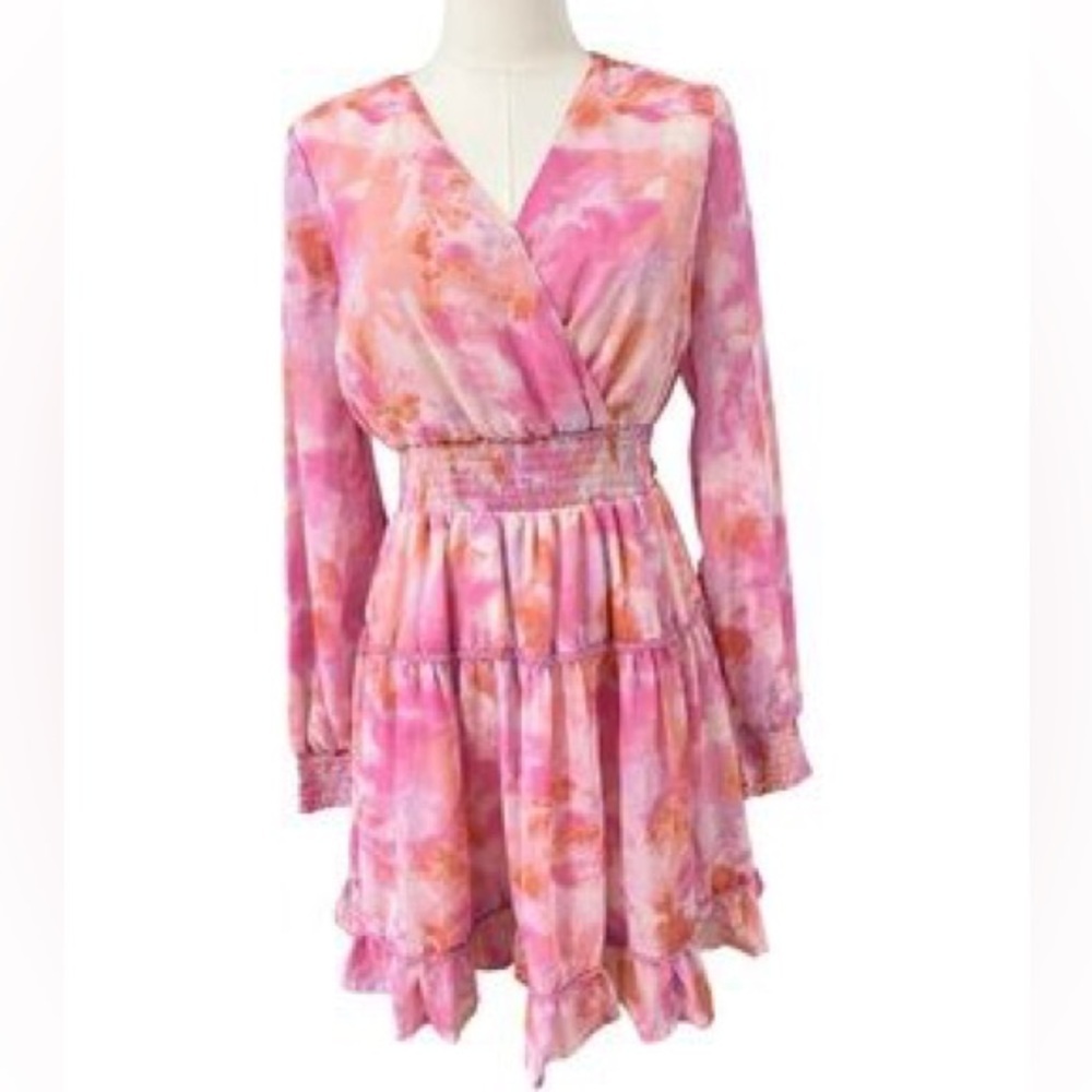 Japna Pink, White, and Orange Long Sleeve Floral Dress Size M